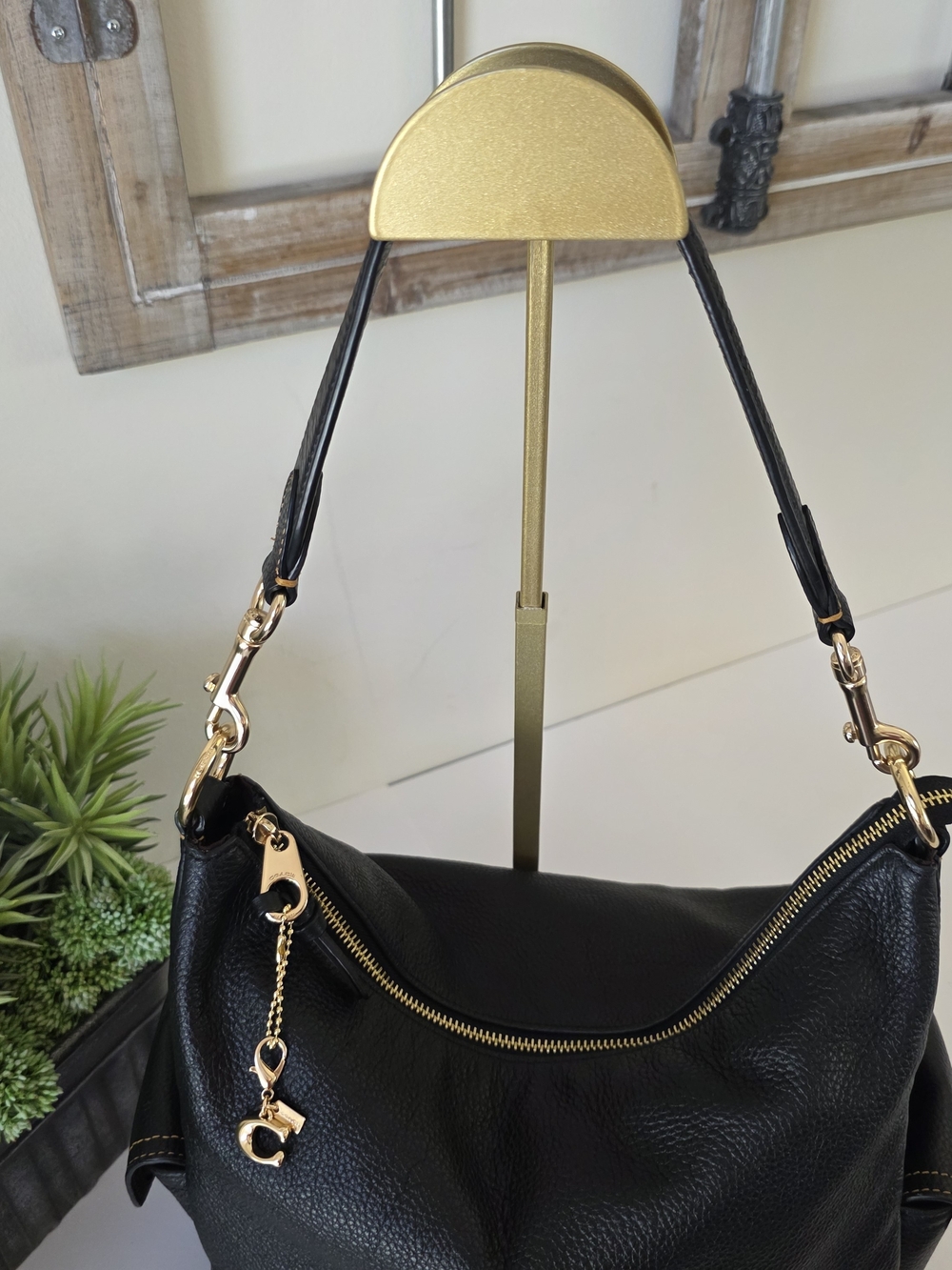 Coach Pennie Hobo Shoulder Bag Black Pebbled Leather Gold Tone C Mini Charm - Picture 4 of 13